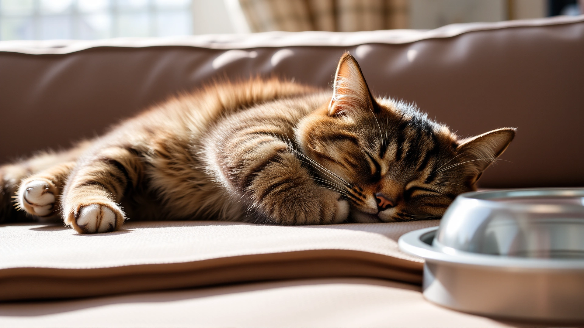 Photograph of a lethargic domestic shorthair cat lying on a sofa, eyes half-closed, water bowl nearby, natural indoor lighting
