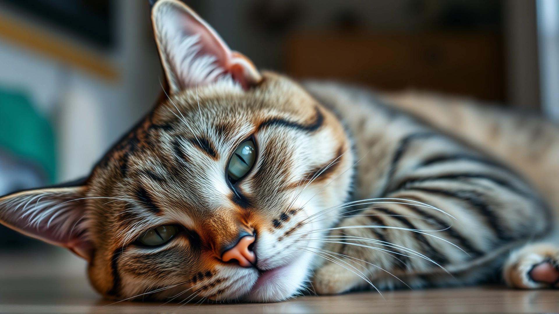 Photo of a tabby cat resting with visible enlarged nipples, looking slightly anxious, indoor lighting.