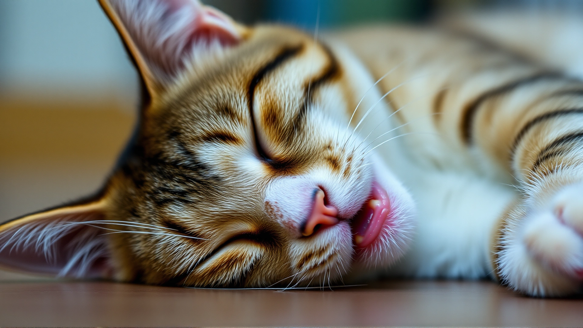 Domestic cat lying on its side looking lethargic with slightly reddened gums visible, shallow depth of field, no text