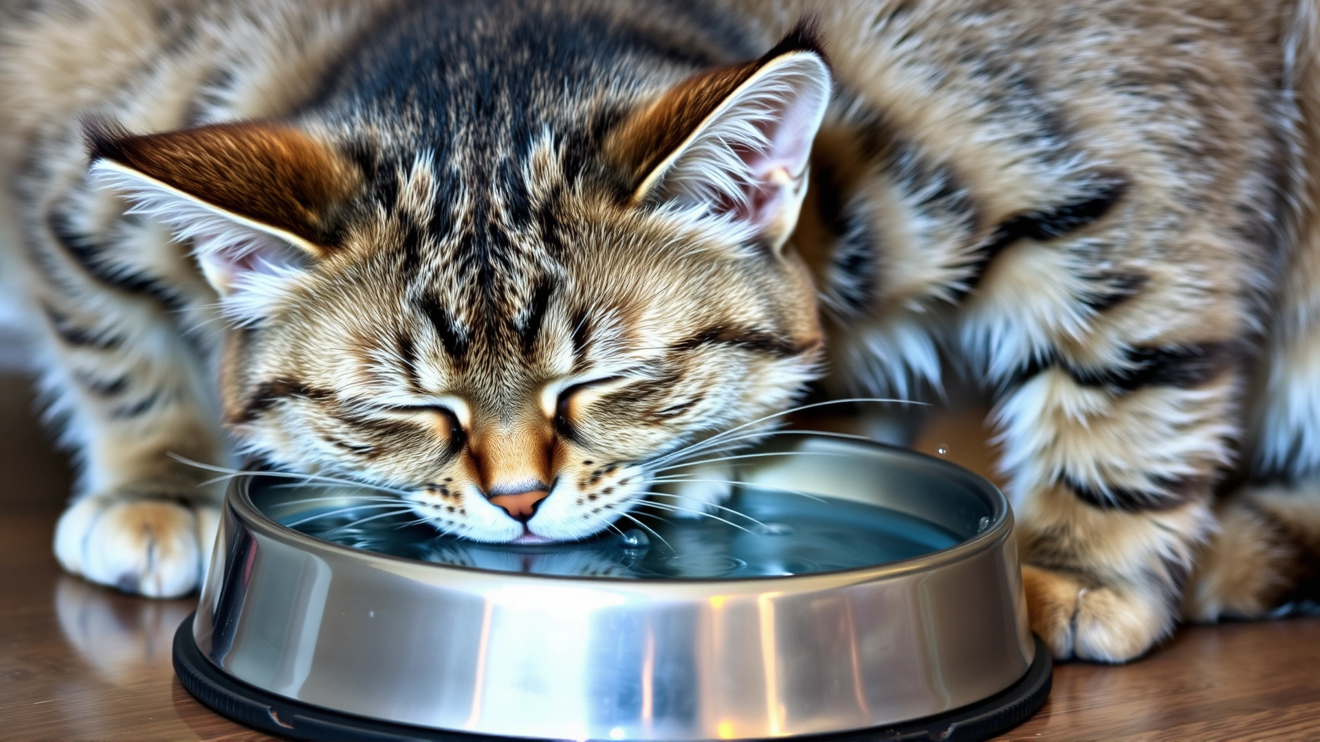 Photo of a sleepy domestic cat drinking water excessively from a stainless steel bowl, illustrating clinical signs of illness.