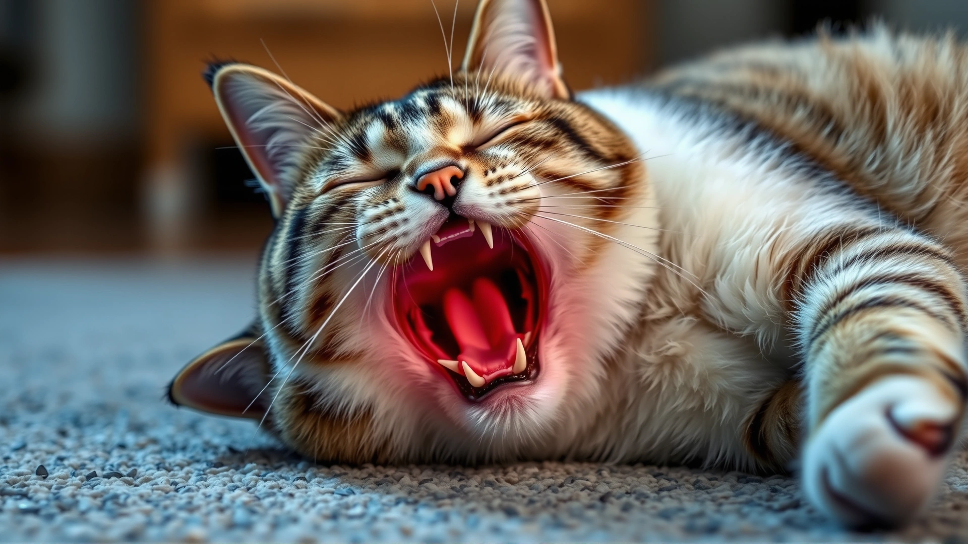 Domestic cat lying on the floor showing labored, open-mouth breathing to illustrate respiratory distress.