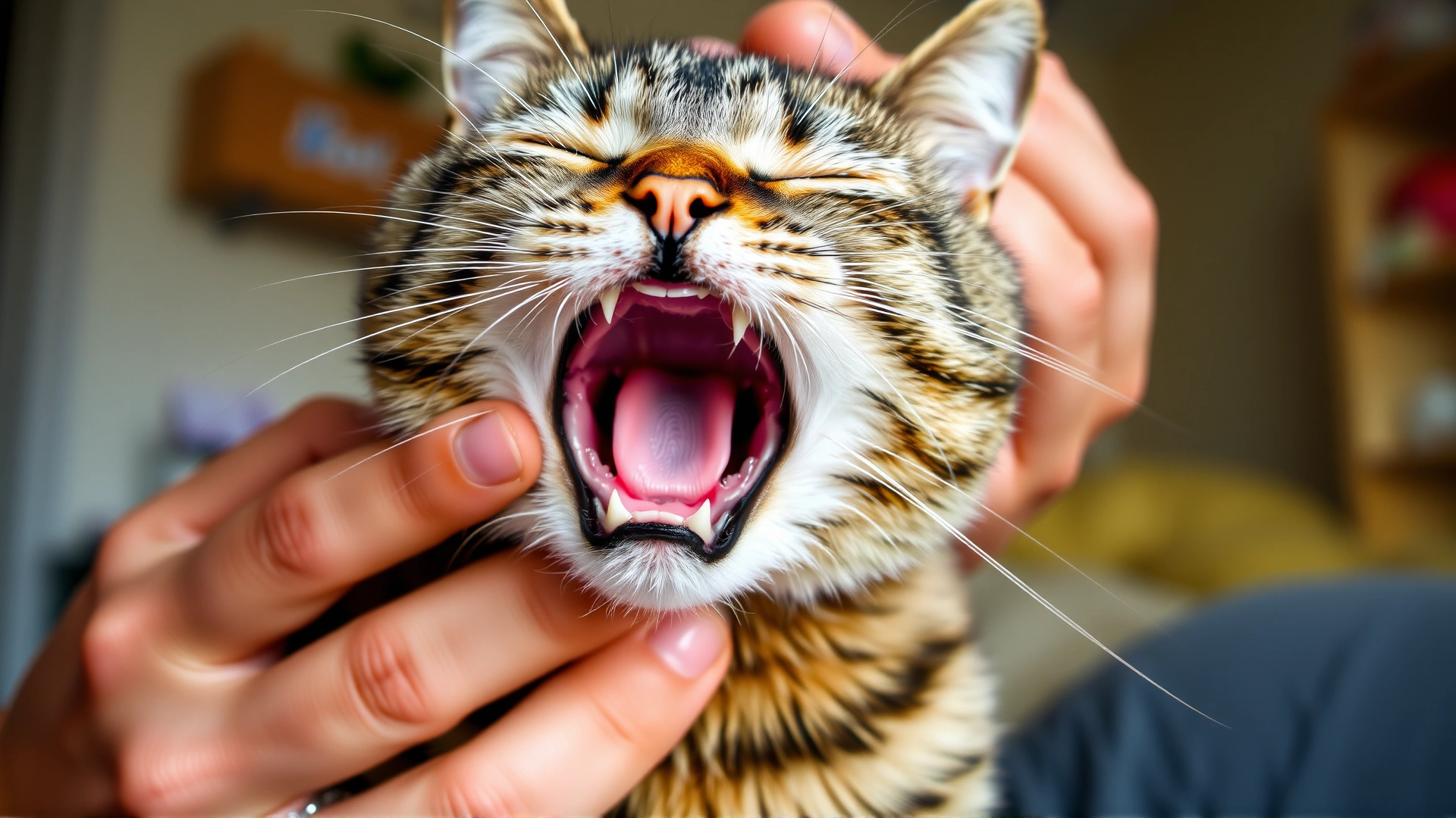 Close-up of a tabby cat coughing or with mouth slightly open as if struggling to breathe, owner’s hands gently supporting it, home background, no text.