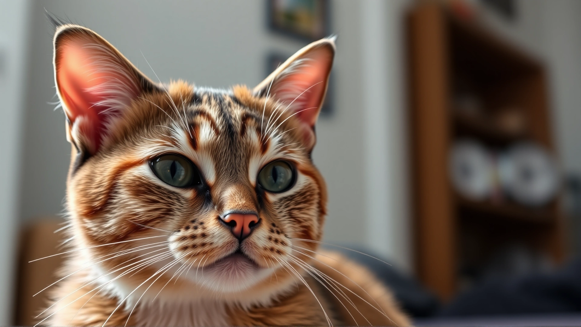 Cat with noticeable hair loss patches around its ears and eyes, looking at the camera, indoor setting with soft lighting.