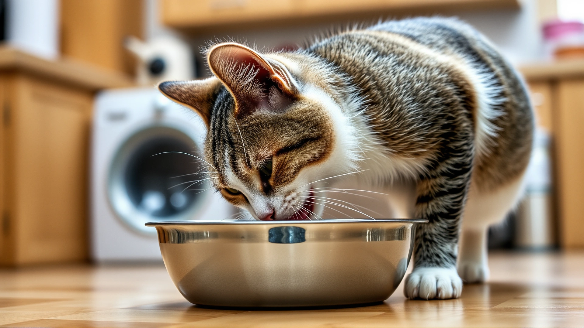 Cat drinking excessively from a stainless steel water bowl in a kitchen setting, focus on the act of drinking, sharp details
