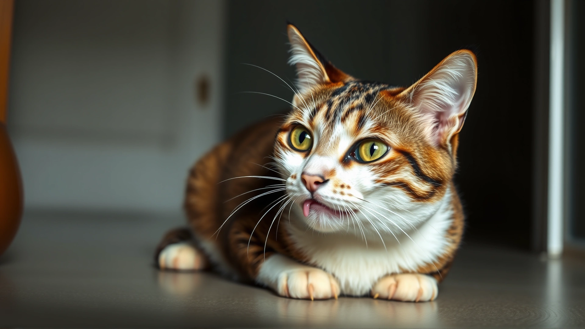 Cat sitting on the floor drooling slightly with dilated pupils, illustrating early poisoning symptoms.