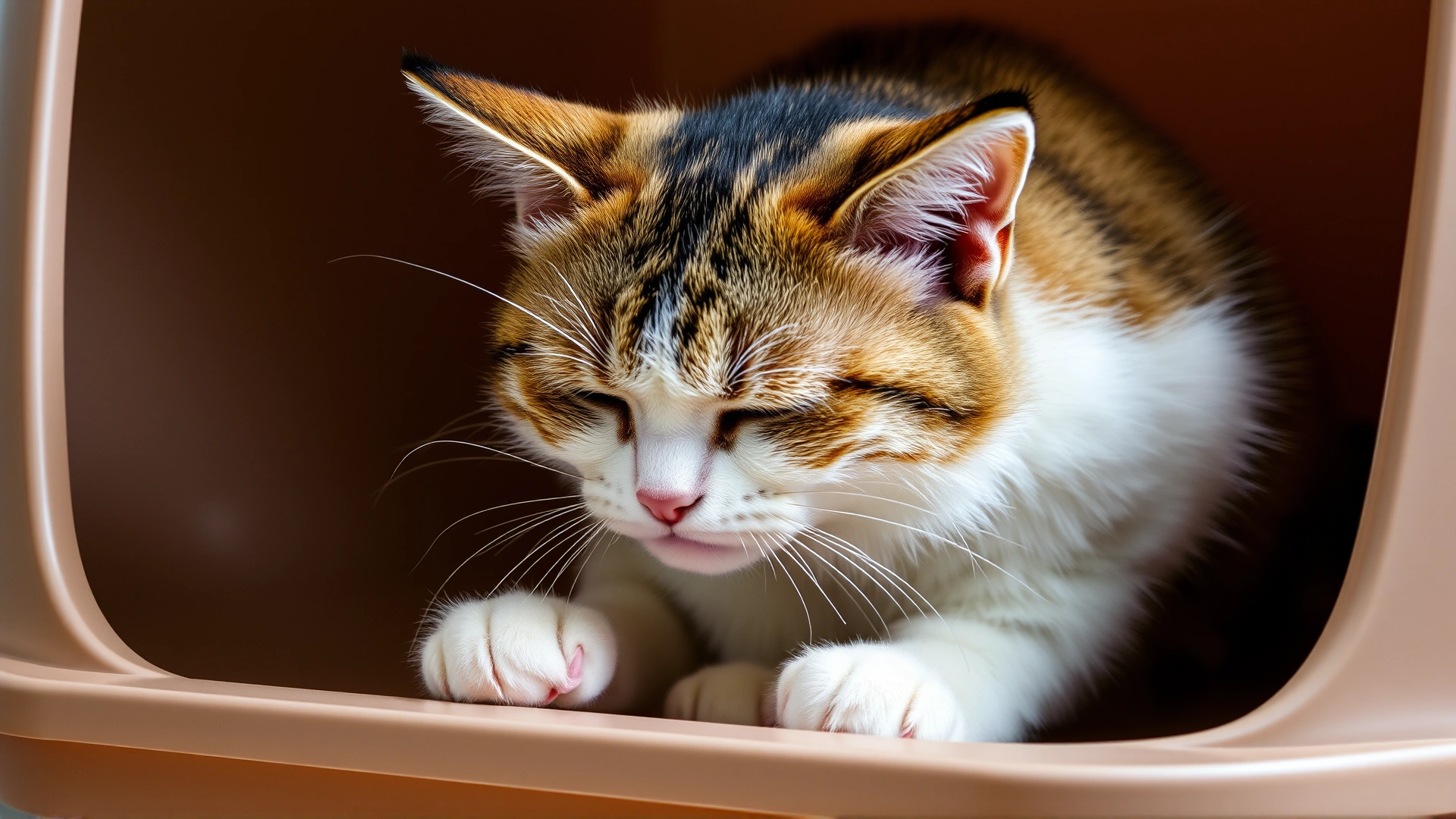 Cat straining in a litter box, visible discomfort on its face, indoor, neutral background