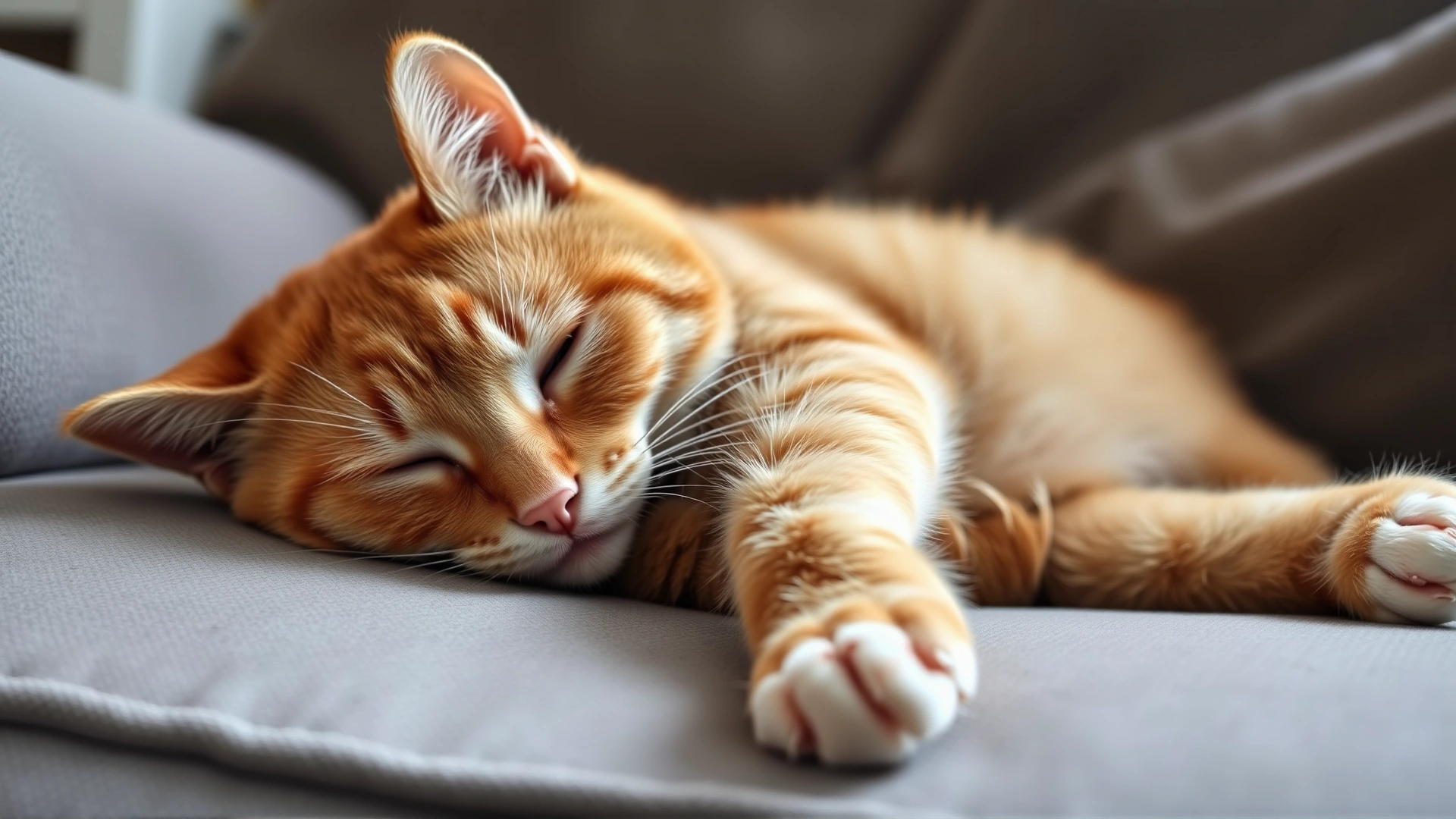 A ginger cat lying on its side on a couch, looking lethargic with half-closed eyes, subtly communicating signs of sickness. Natural indoor lighting, no text.
