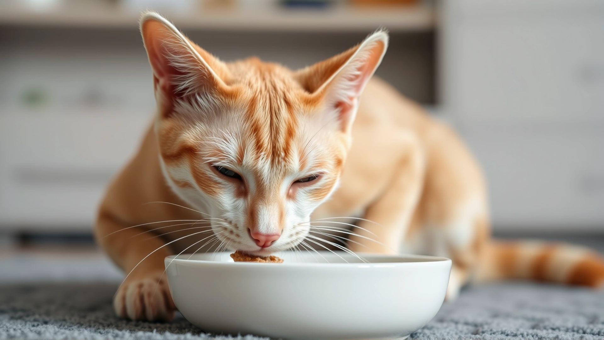Close-up of a thin senior cat eating eagerly from a bowl, highlighting weight loss symptom, indoor home setting