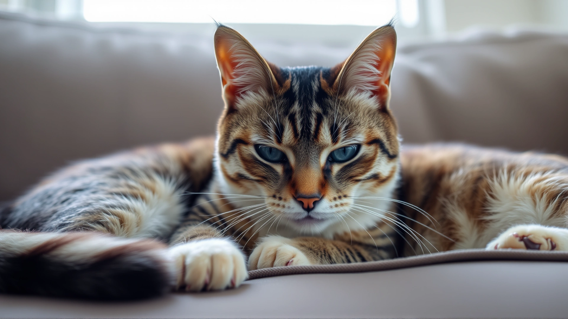 Domestic shorthair cat lying on a couch looking lethargic, with gentle window light highlighting its dull eyes.