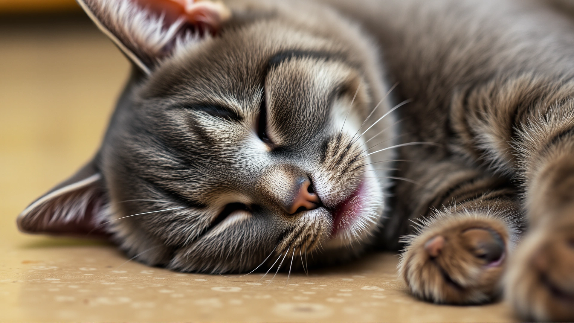 Domestic short-haired grey cat lying on its side looking lethargic and breathing heavily.