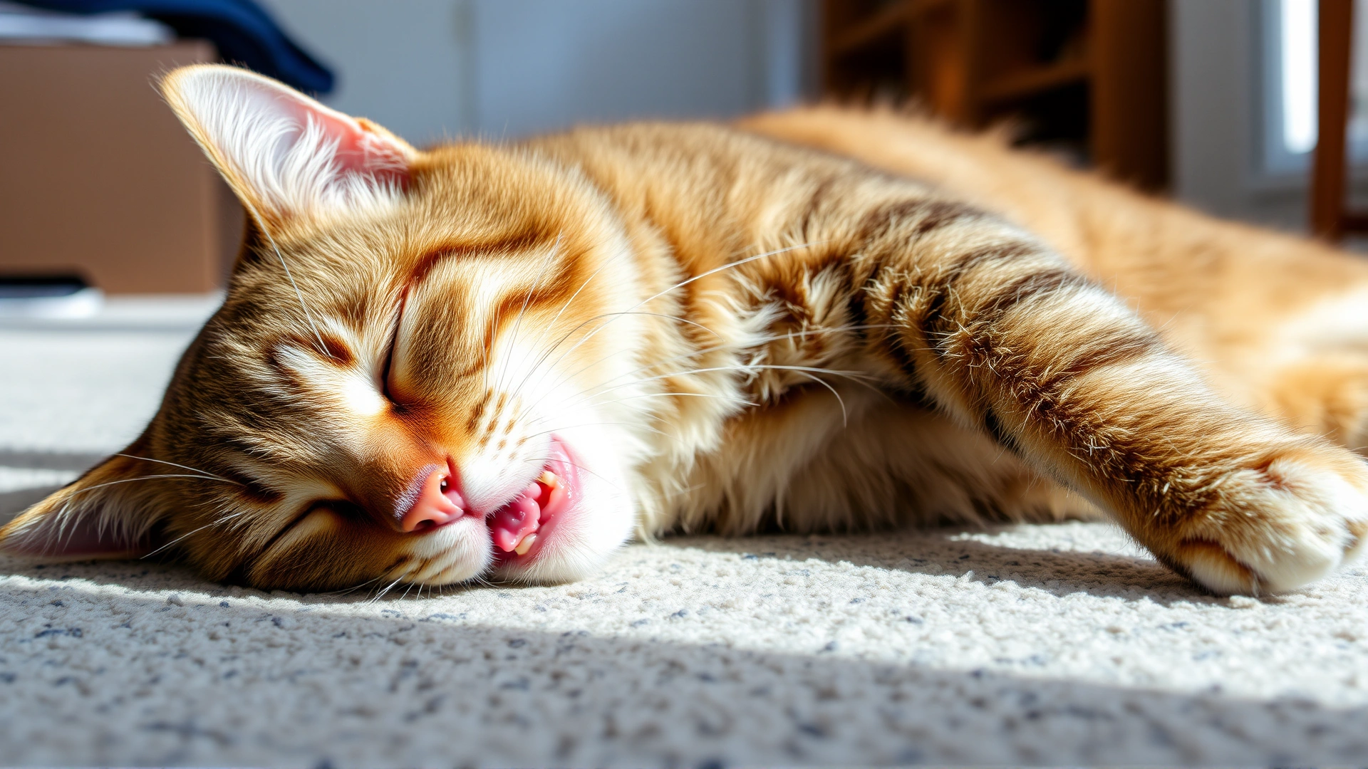 Photo of a cat lying down, looking tired and breathing with mouth slightly open, illustrating respiratory distress; home environment, natural lighting.