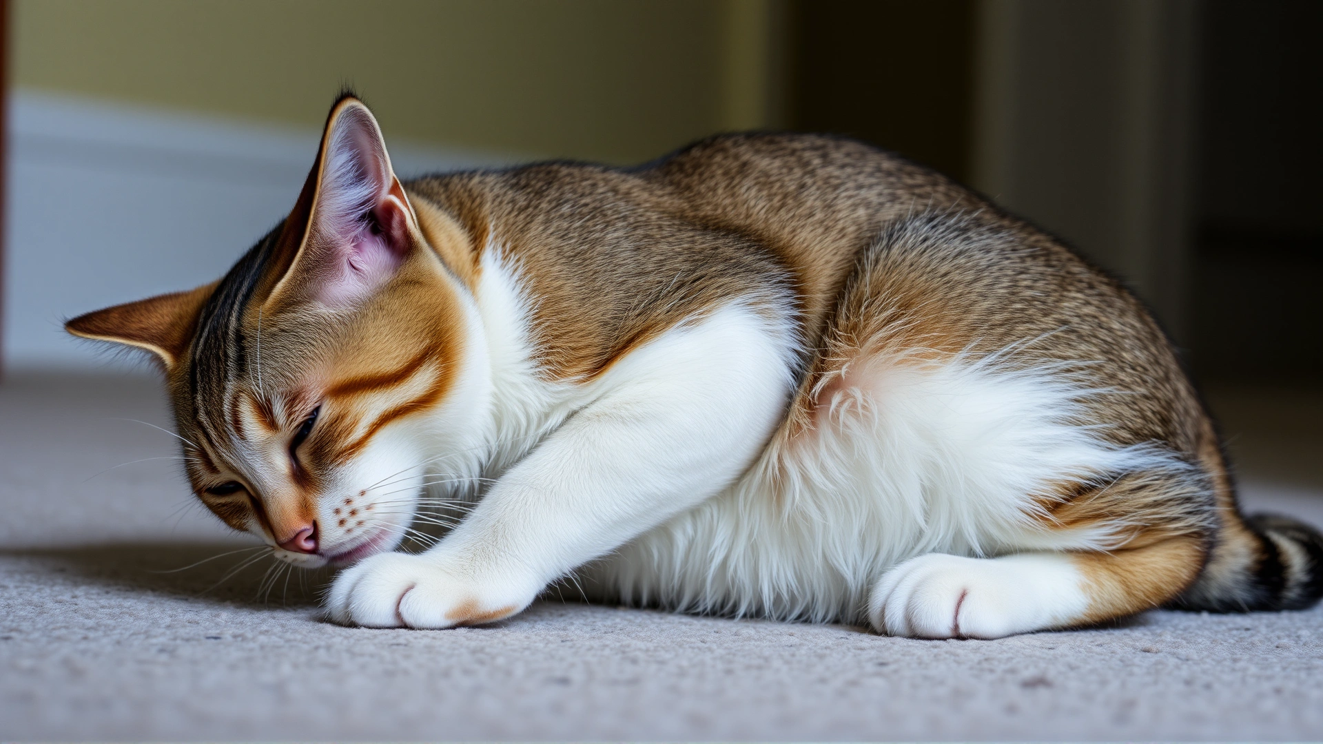 Photo of a lethargic cat with a noticeably round abdomen lying in a crouched position, soft indoor lighting.