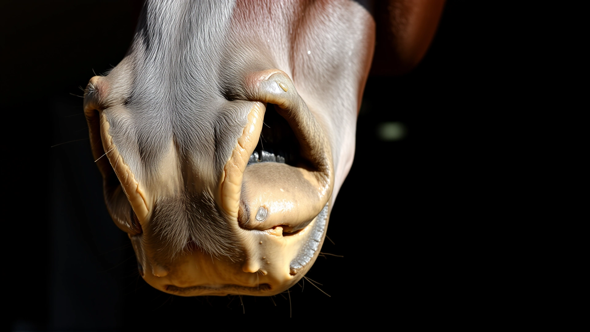 Close-up of a horse’s muzzle and gums showing slight yellow discoloration (jaundice) under natural stable lighting.