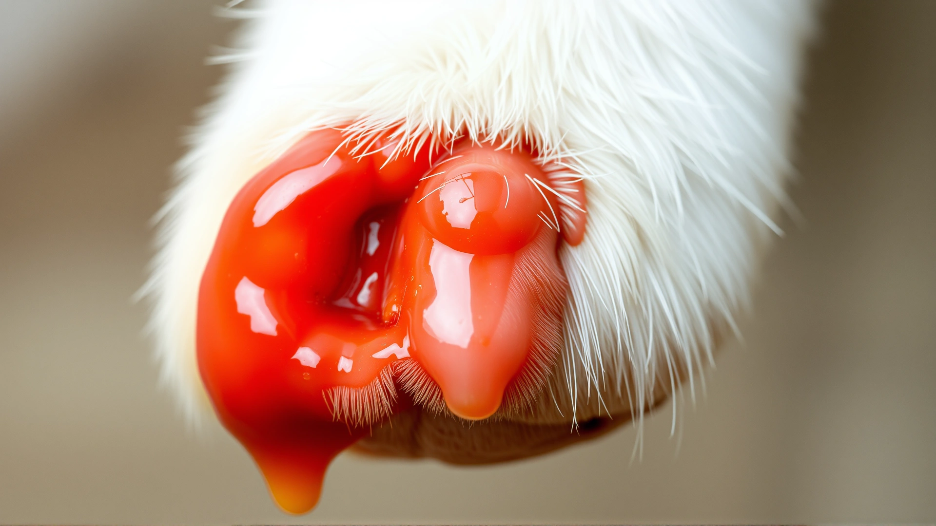 High-resolution close-up of an inflamed cat teat with visible warmth and slight discharge to illustrate mastitis symptoms.