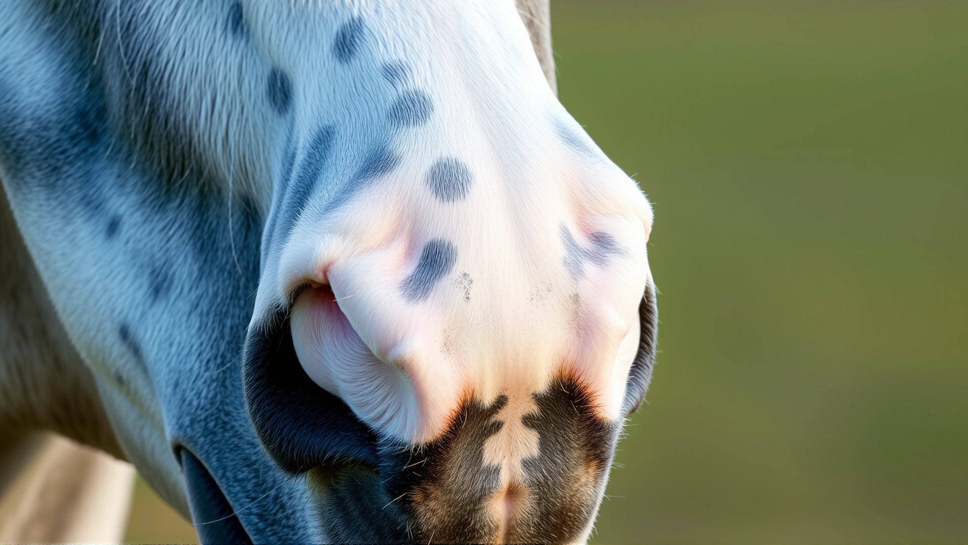 Macro close-up of a horse's muzzle and eye region highlighting clear white vitiligo patches on skin and hair