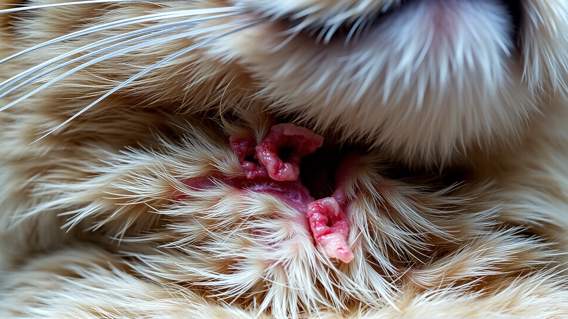 Macro photo focusing on a cat’s irritated skin with thinning fur around the neck area, showing mild redness but no graphic wounds.