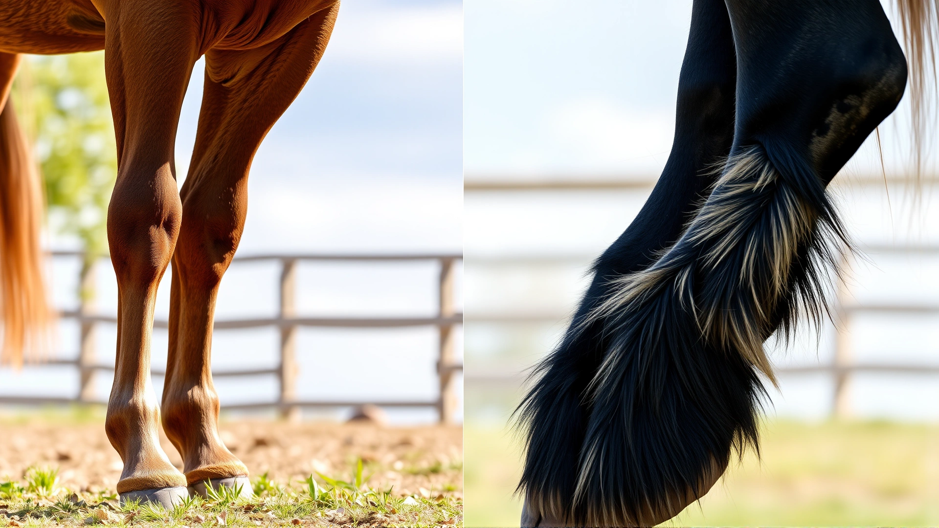 Split image showing healthy horse legs on left and horse legs with dropped fetlocks on right, no text, outdoor setting