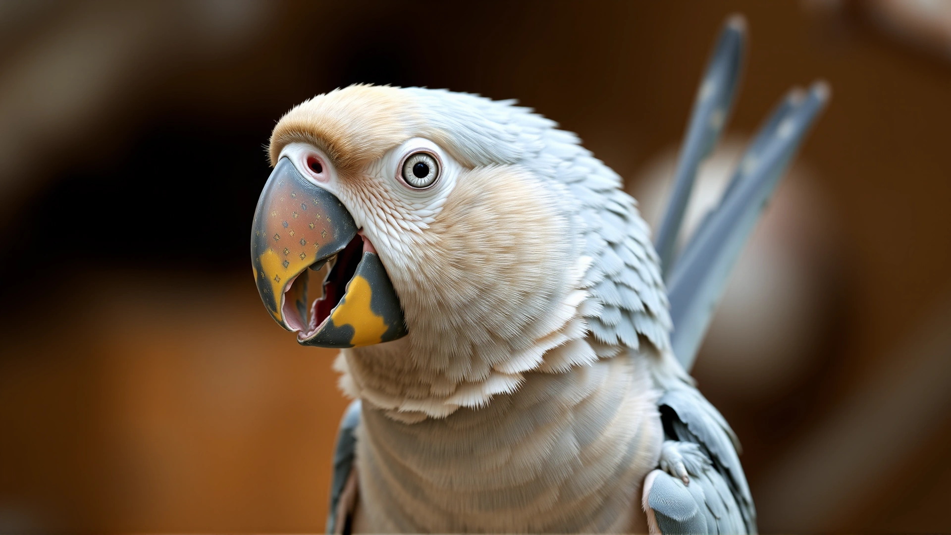 Parrot showing mild respiratory distress: open beak breathing and subtle tail bobbing, captured in a safe environment to illustrate symptoms.