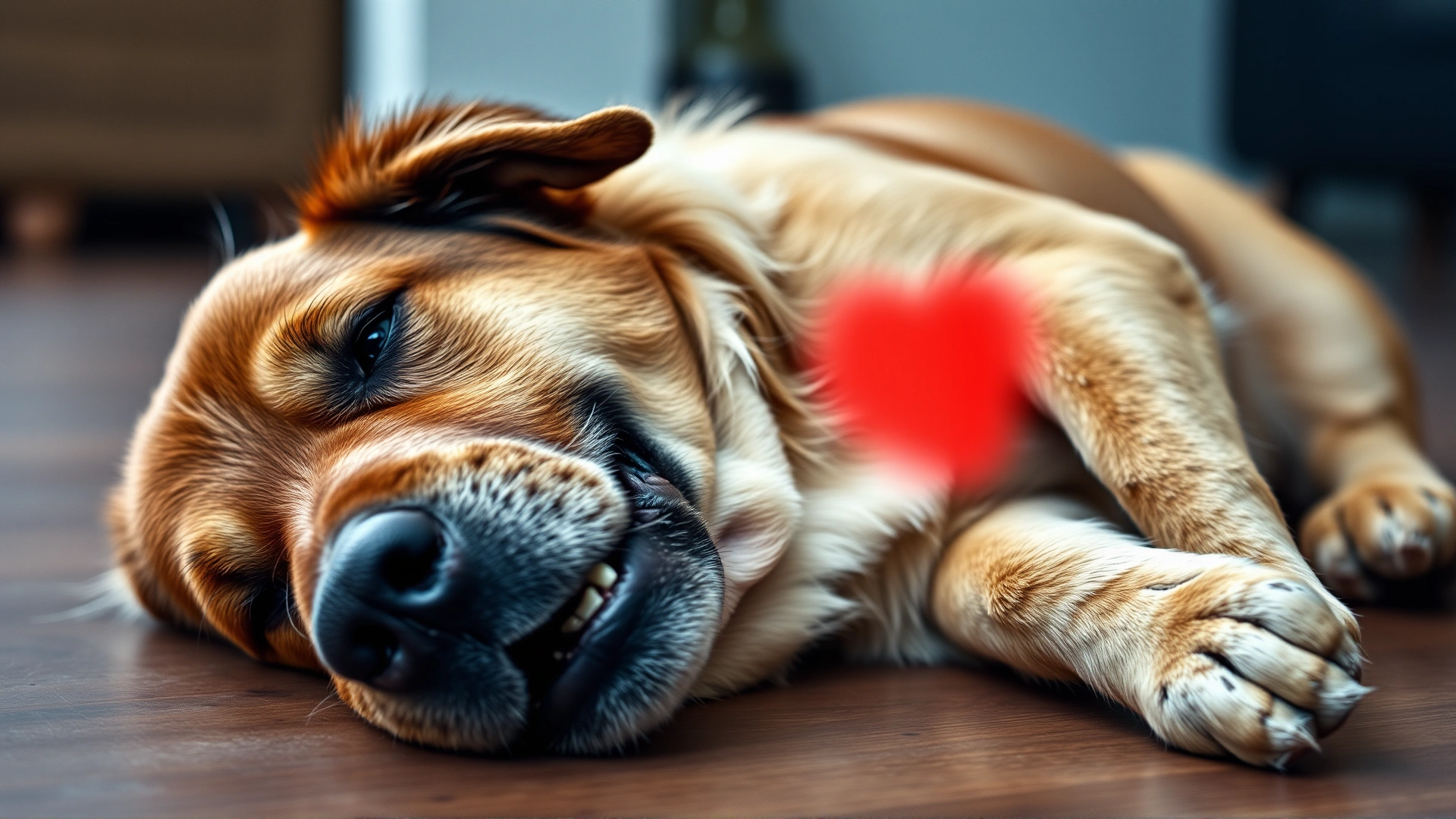 Middle-aged dog lying on its side on the floor looking weak and panting, illustrating canine heart attack symptoms.