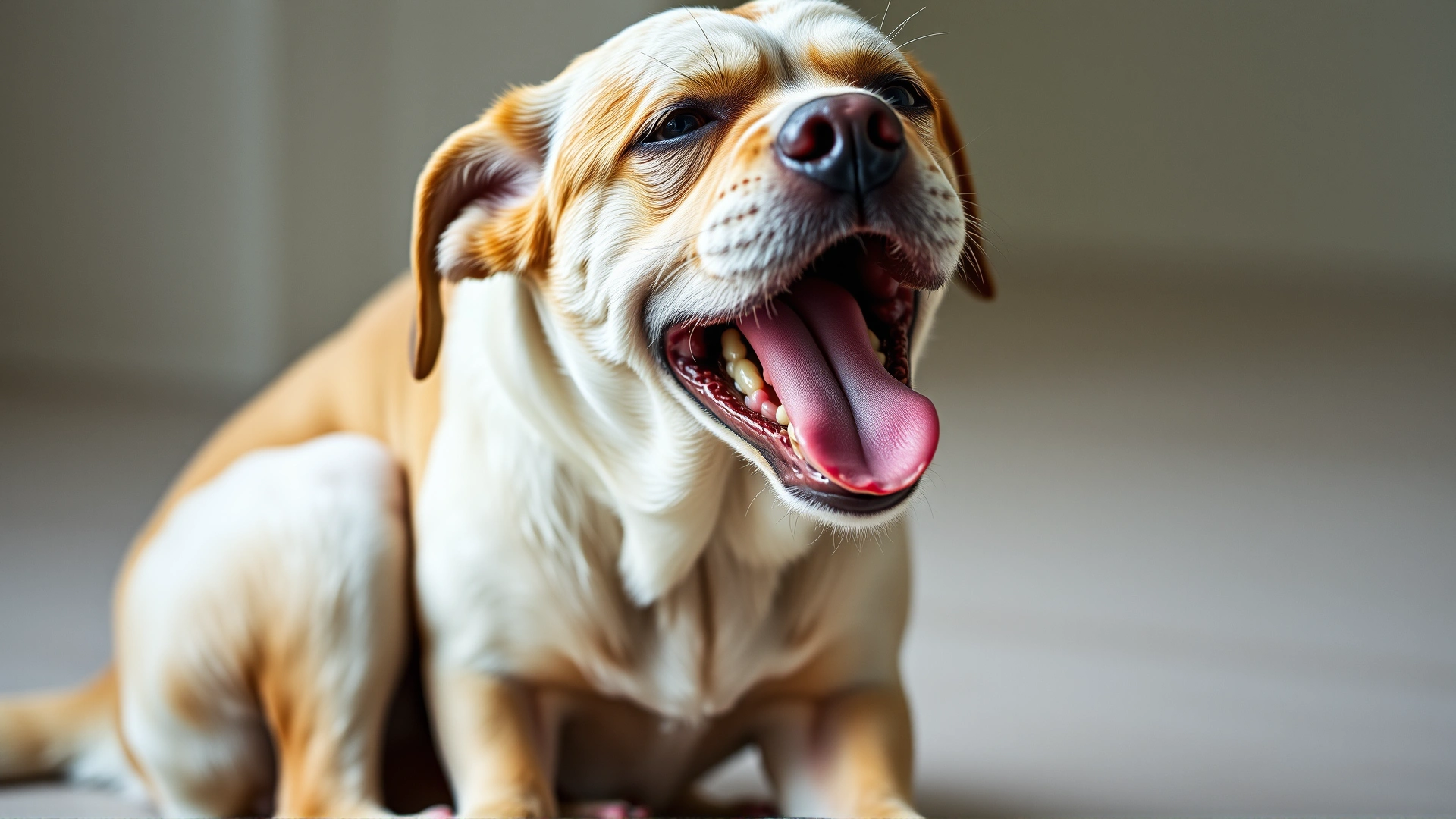 Middle-aged dog sitting with mouth open and tongue out, appearing tired and short of breath, illustrating typical symptoms.