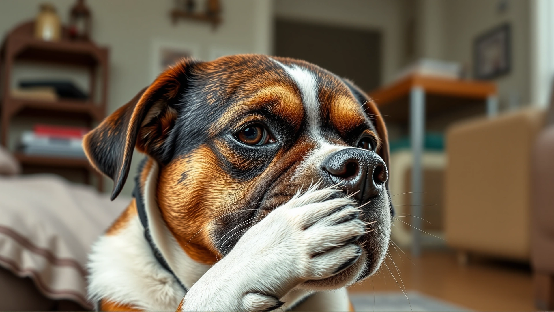 Photo of a dog pawing at its mouth and looking uncomfortable, indoor setting