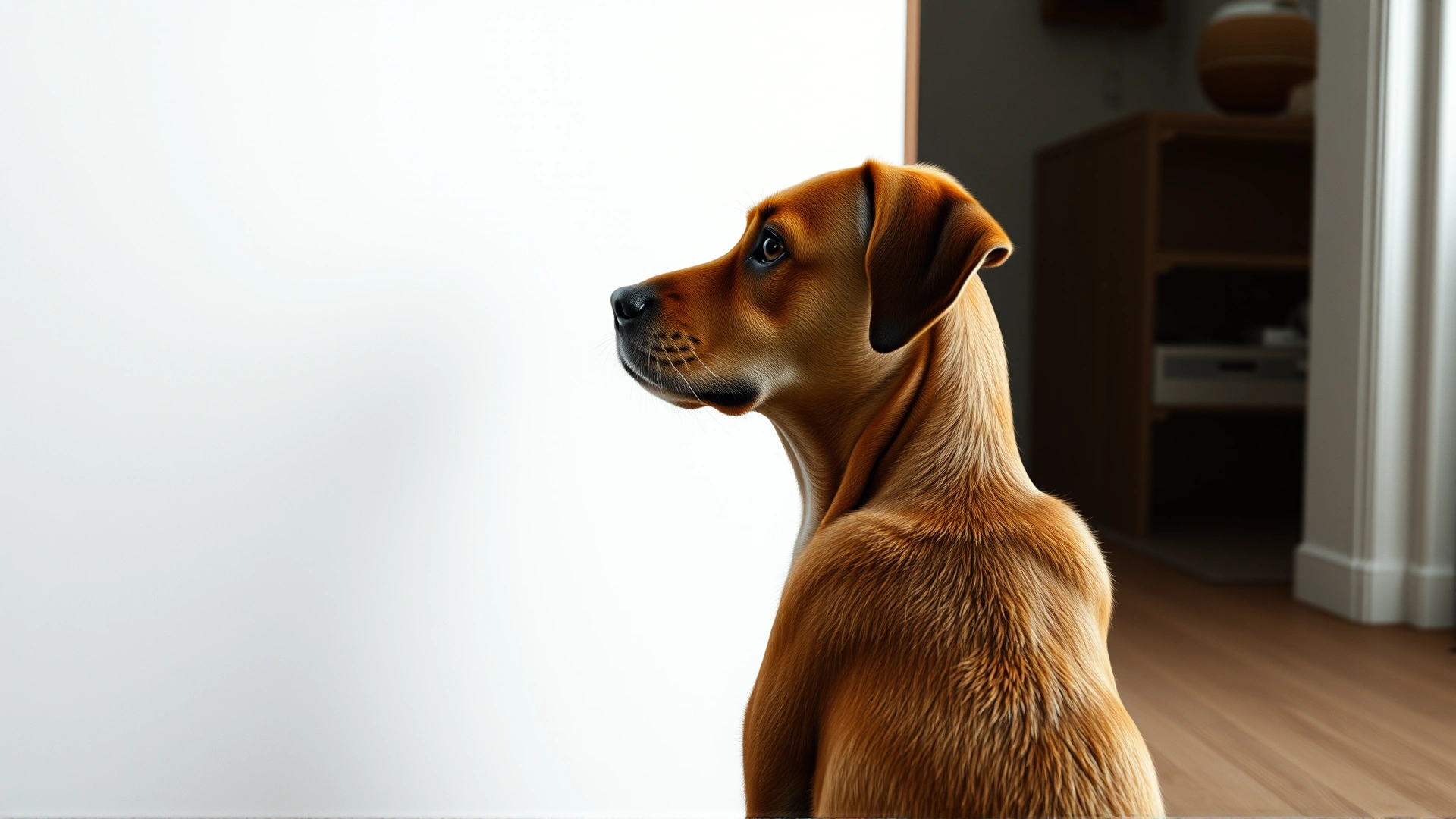 Senior dog standing in a room looking confused and staring at a blank wall, gentle indoor lighting.