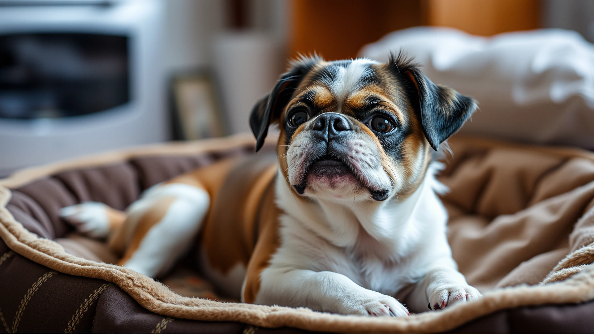 Medium shot of a small dog looking uncomfortable with a slightly bloated stomach, lying on a pet bed, indoor lighting