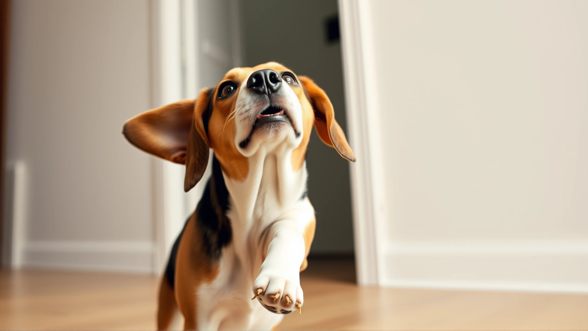 Action shot of a beagle shaking its head indoors, ears flapping, neutral background, no text