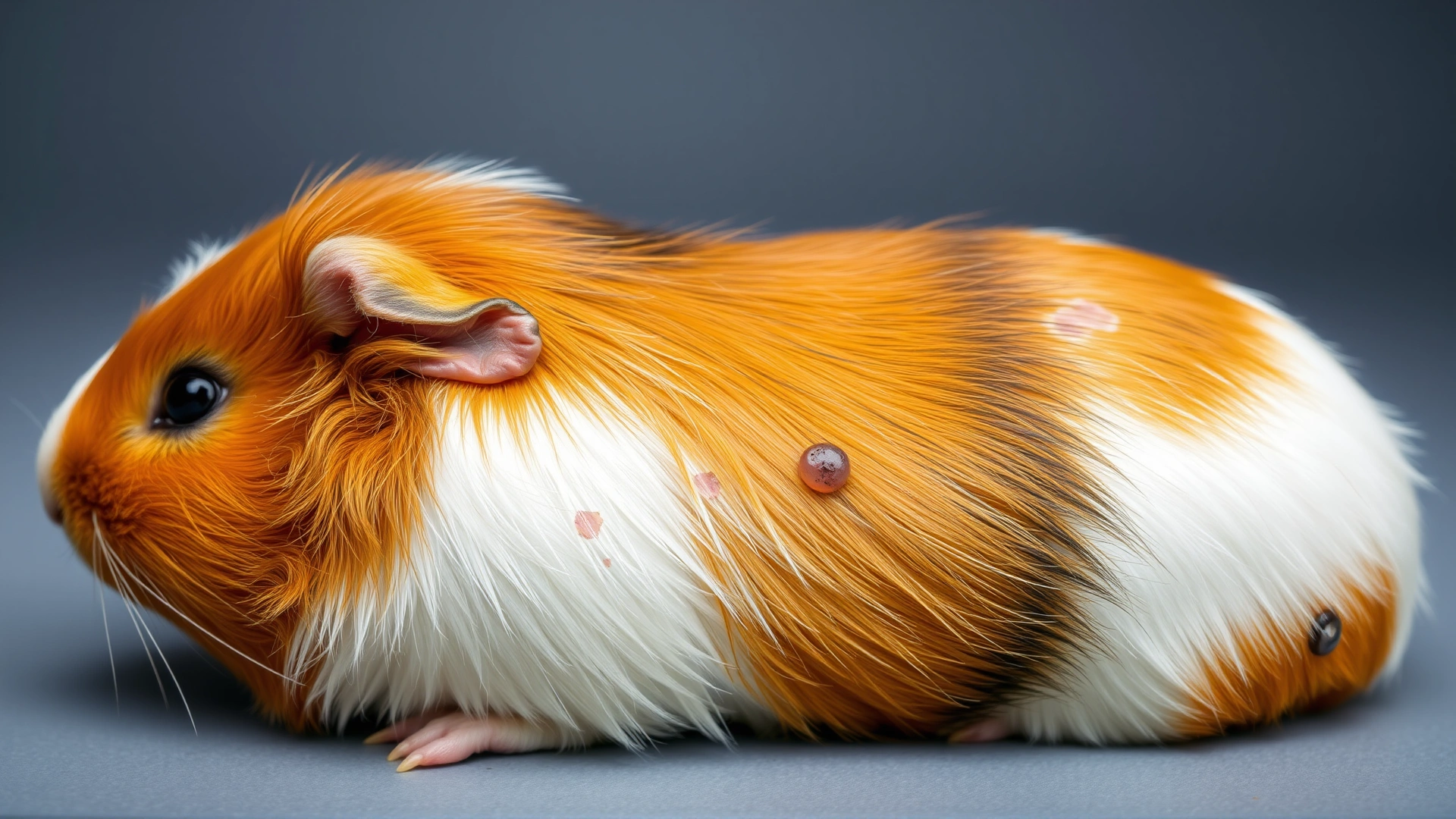 Close-up image of a guinea pig showing slight hair loss and skin irregularities on its back, neutral background, good lighting.