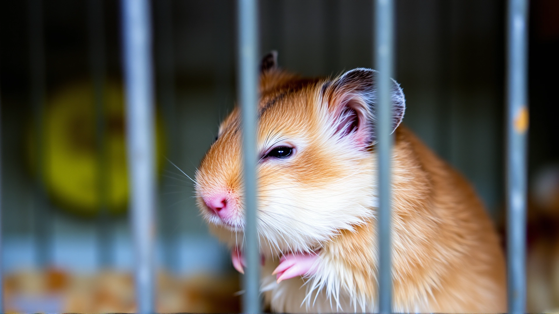 Close-up of a Syrian hamster with ruffled fur and half-closed eyes sitting lethargically in the corner of a cage