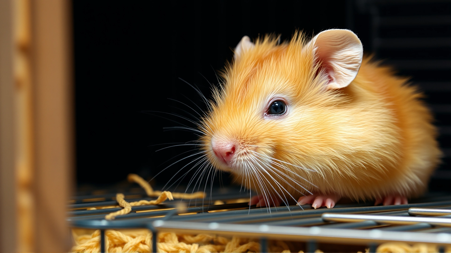 Cute golden hamster looking lethargic with ruffled fur inside its cage, illustrating illness symptoms