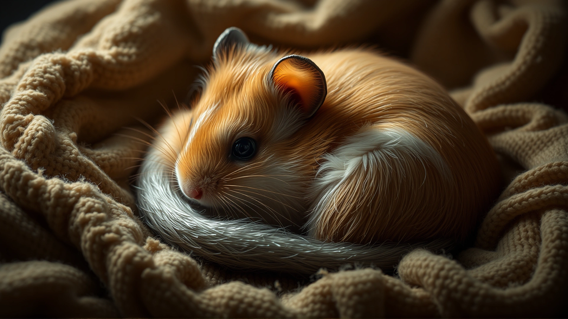 Lethargic hamster curled up in bedding with visibly wet tail, dim warm lighting to convey illness