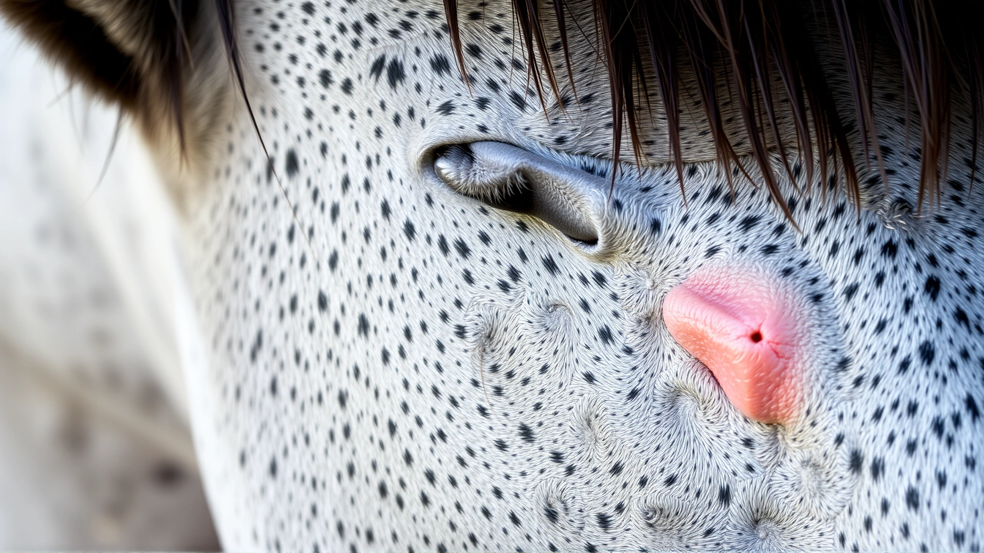 Close-up of a dapple gray horse with visible swelling on its lower neck, looking lethargic, to depict early symptoms of anthrax. No text.