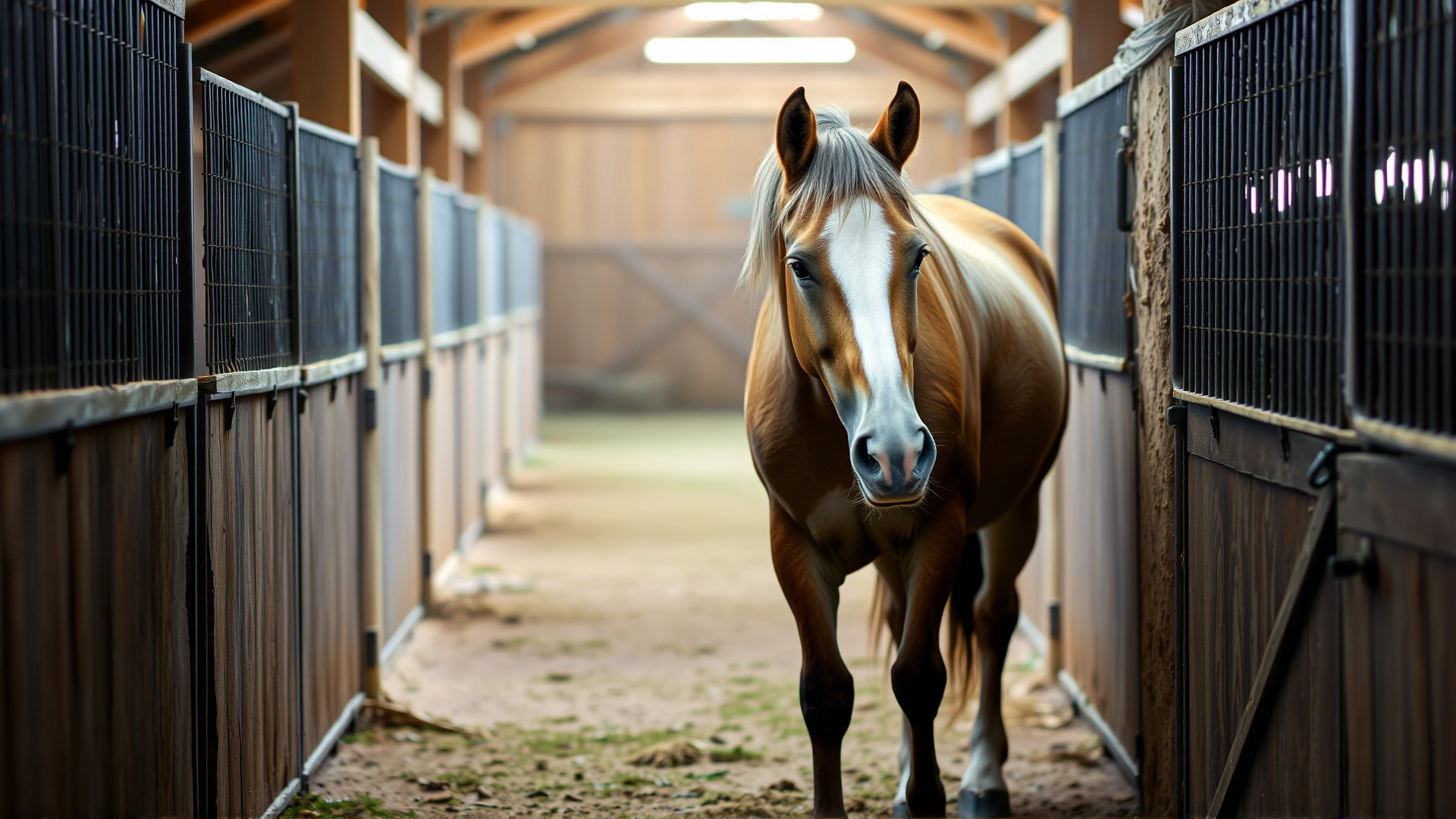 A slightly unsteady horse stumbling inside a barn aisle, highlighting neurological symptoms.