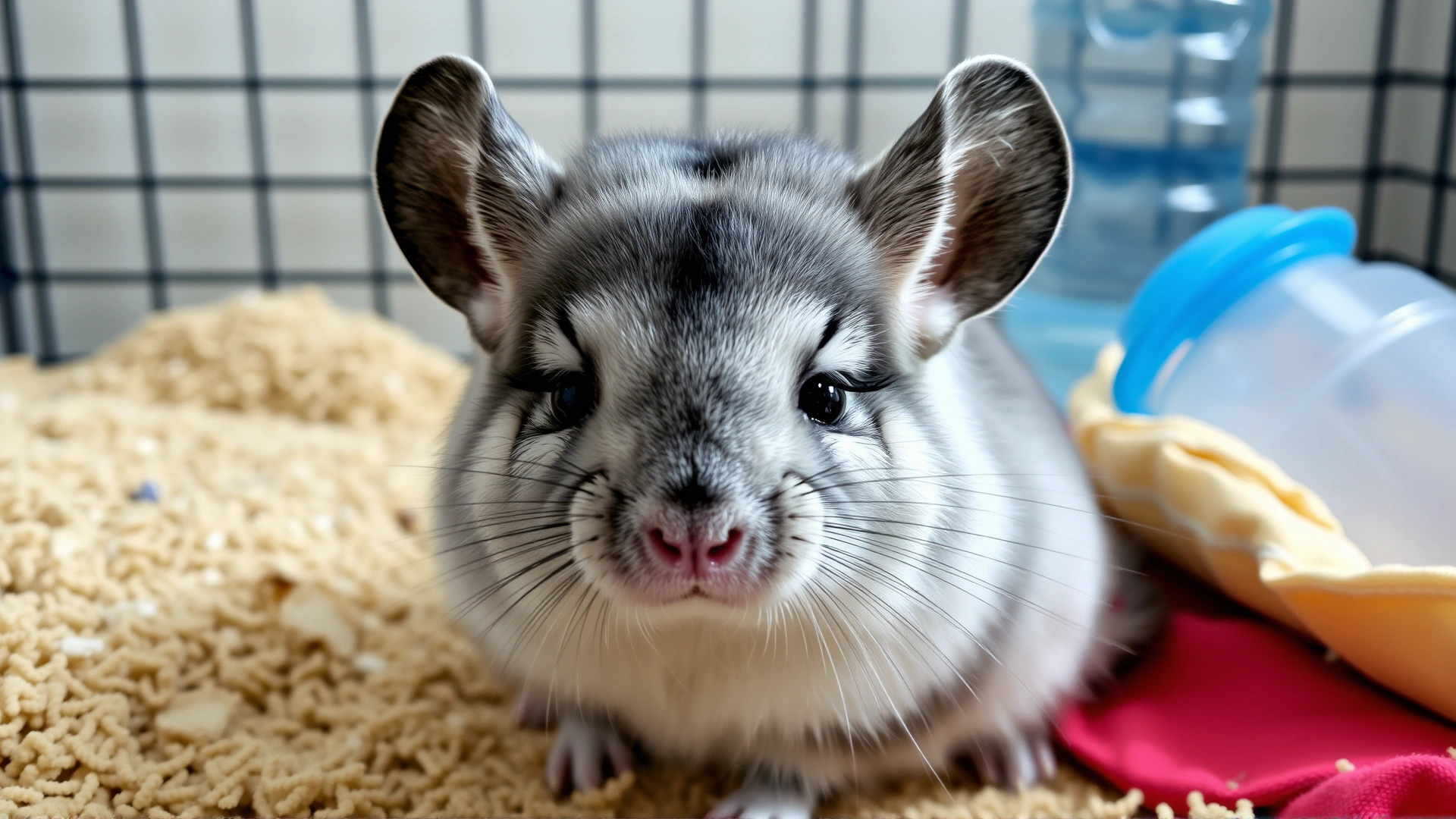 A worried-looking chinchilla sitting in its cage, with subtle visual cues of illness such as hunched posture and slightly ruffled fur; background elements include fresh bedding and a water bottle.