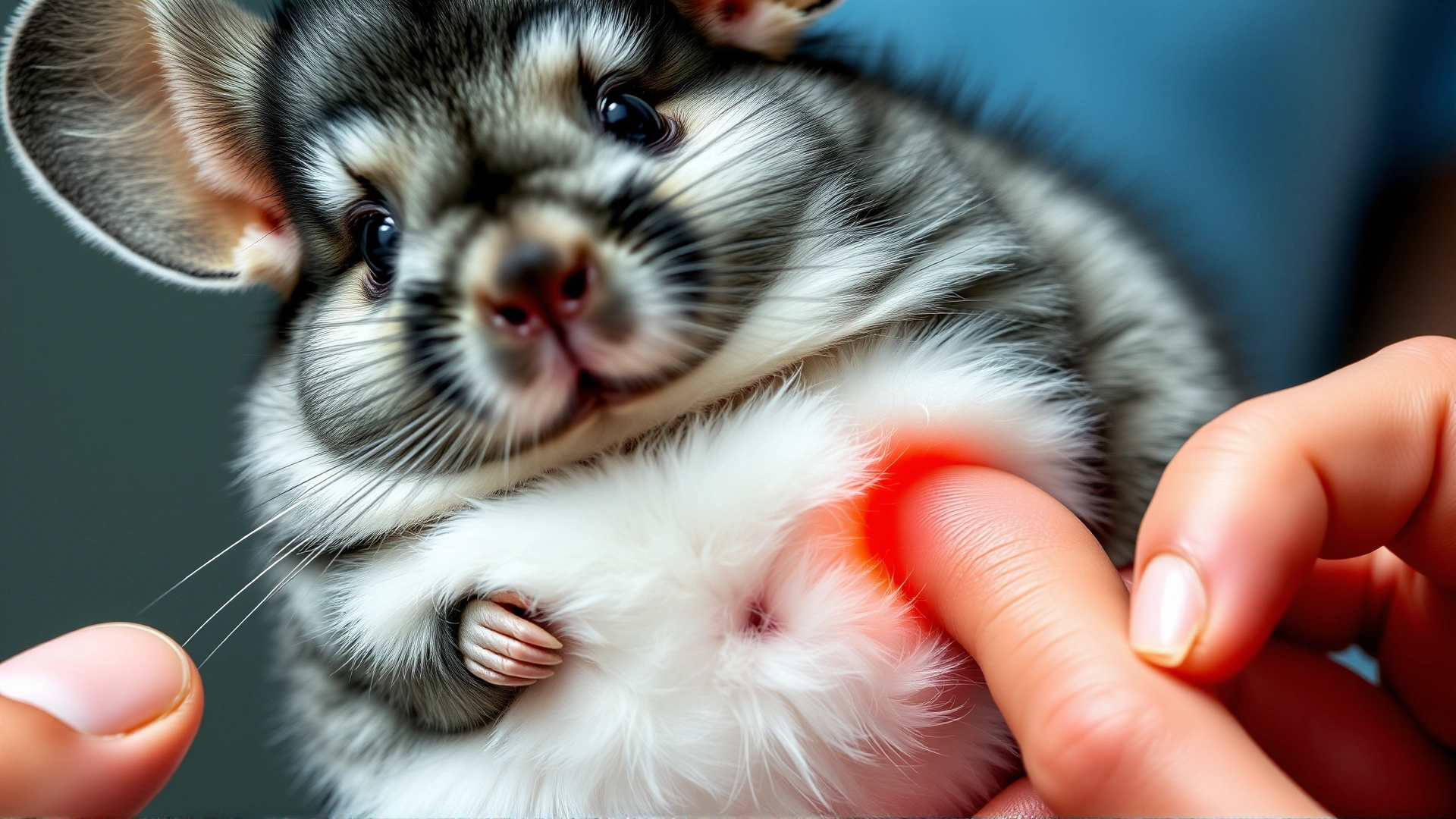 Macro shot of a chinchilla showing slight abdominal bloating, with a veterinarian’s hand pointing gently to the abdomen area