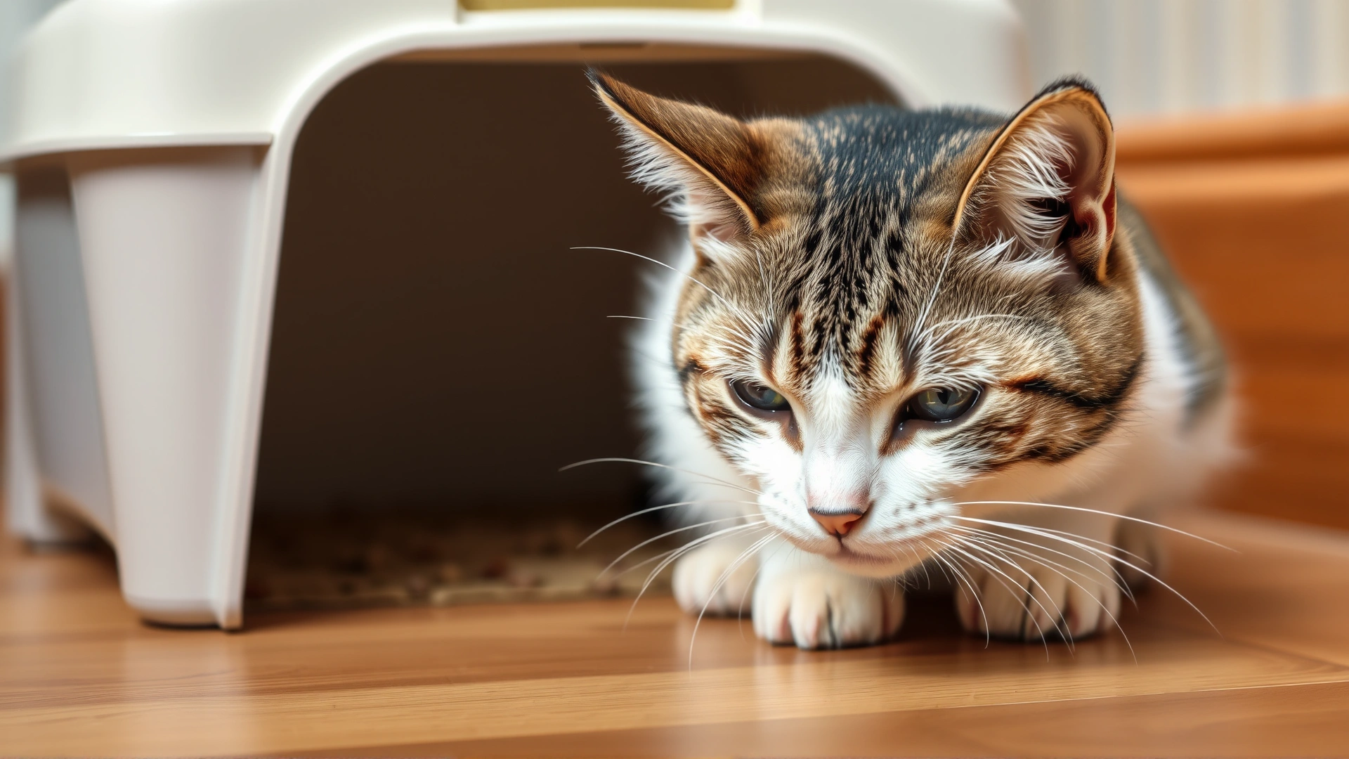 Close-up of an adult short-haired cat crouching near a litter box looking uncomfortable, with subtle body language indicating nausea.