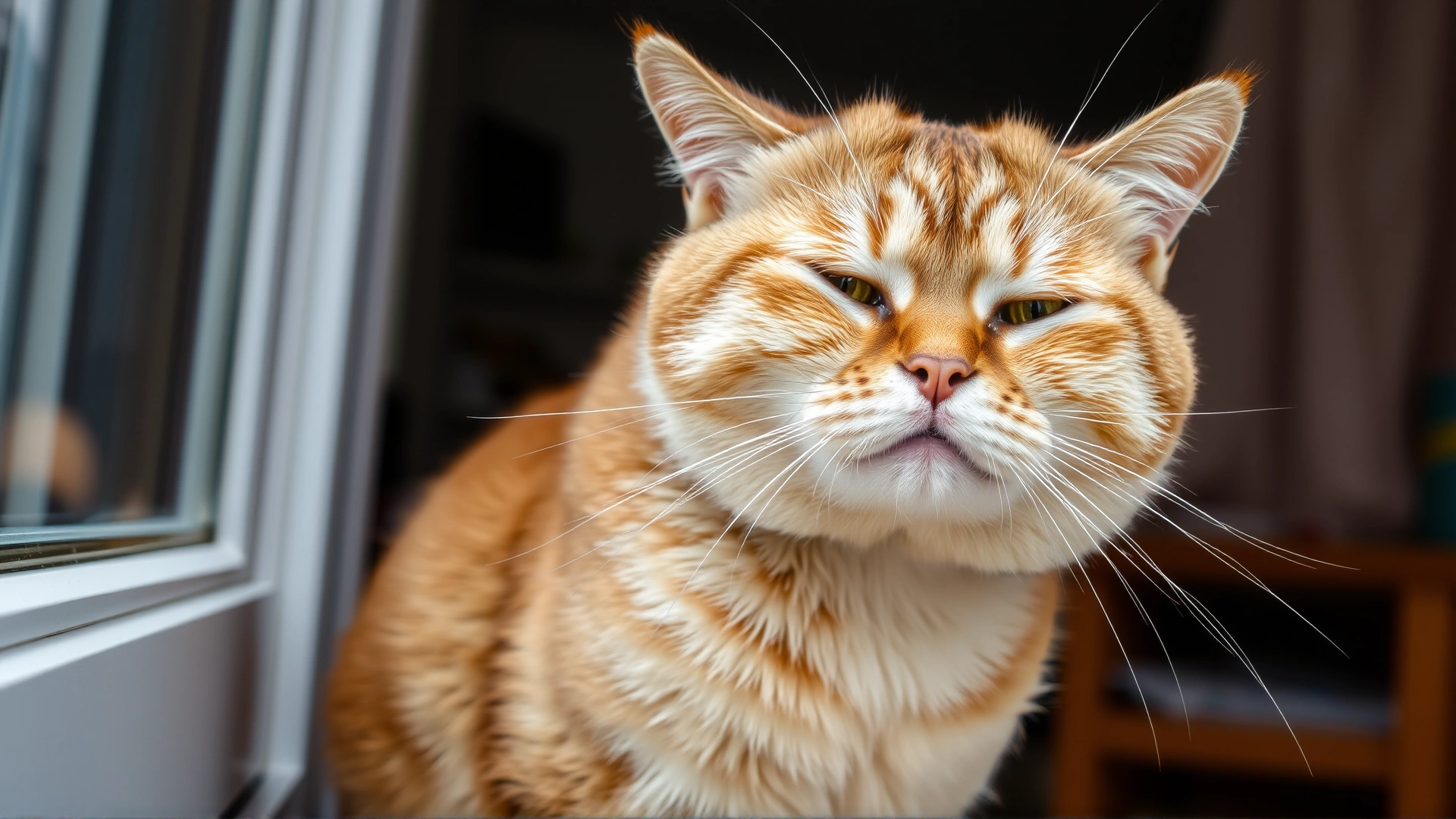 Domestic short-hair cat squinting and tearing while sitting near a window, visible discomfort, natural household setting, no text.