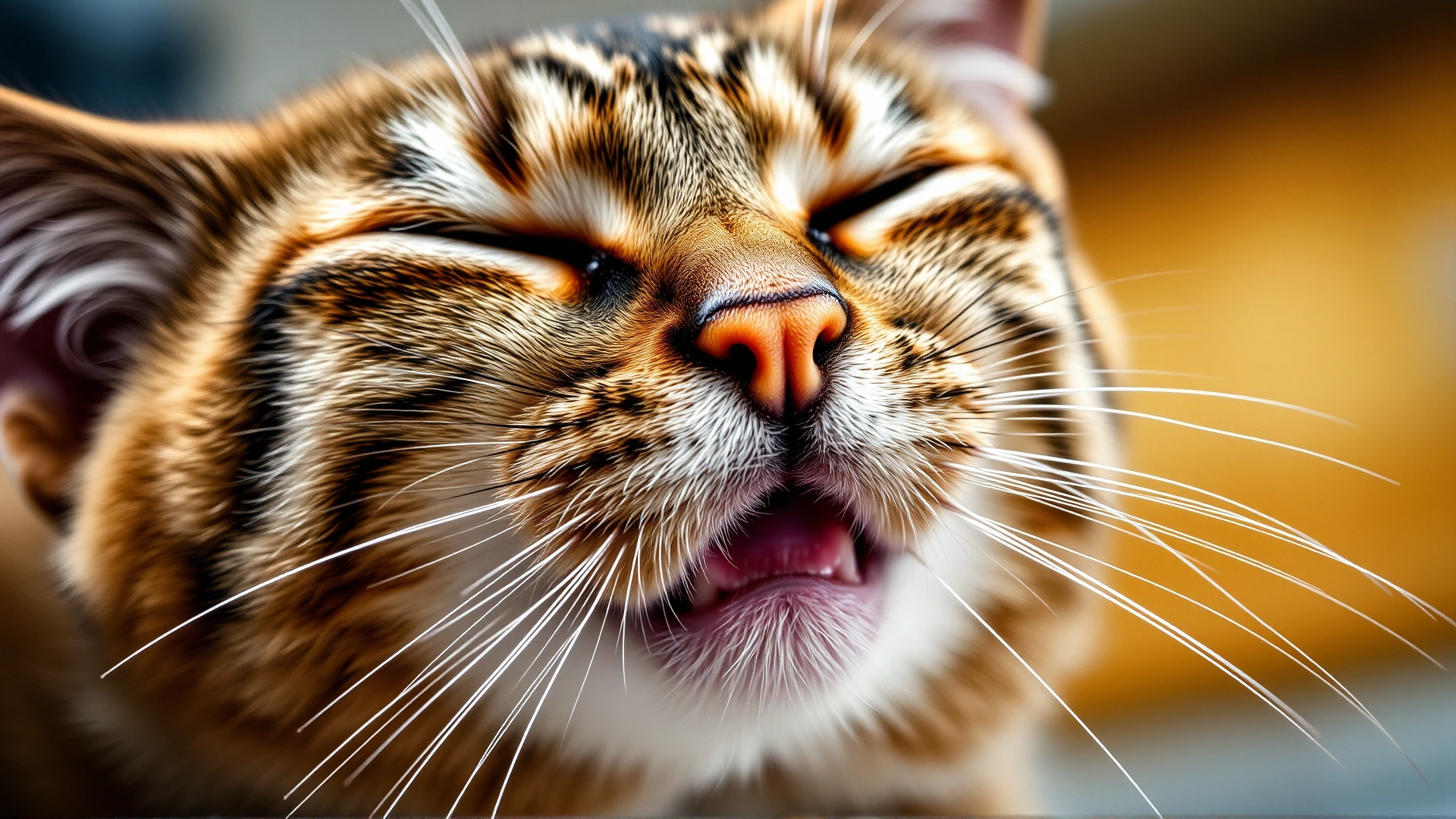 Side view of a short-nosed cat struggling to breathe, highlighting narrowed nostrils and open mouth, shallow depth of field, clinical context.