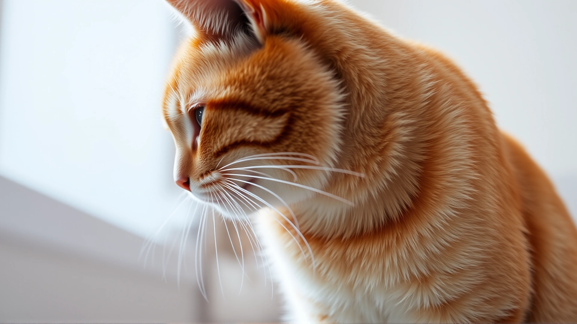 Side profile of a coughing orange tabby cat with subtle mist around its mouth to show coughing, indoors on a light background.