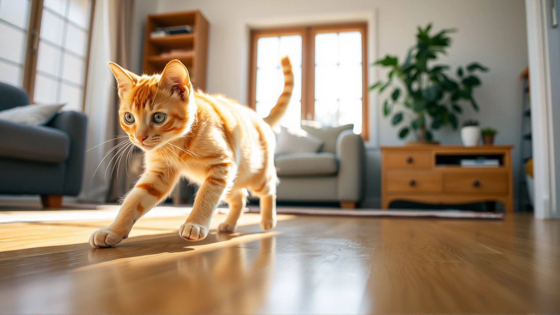 Young orange domestic cat scooting on a polished wooden floor in a sunlit living room; candid action shot, high resolution.