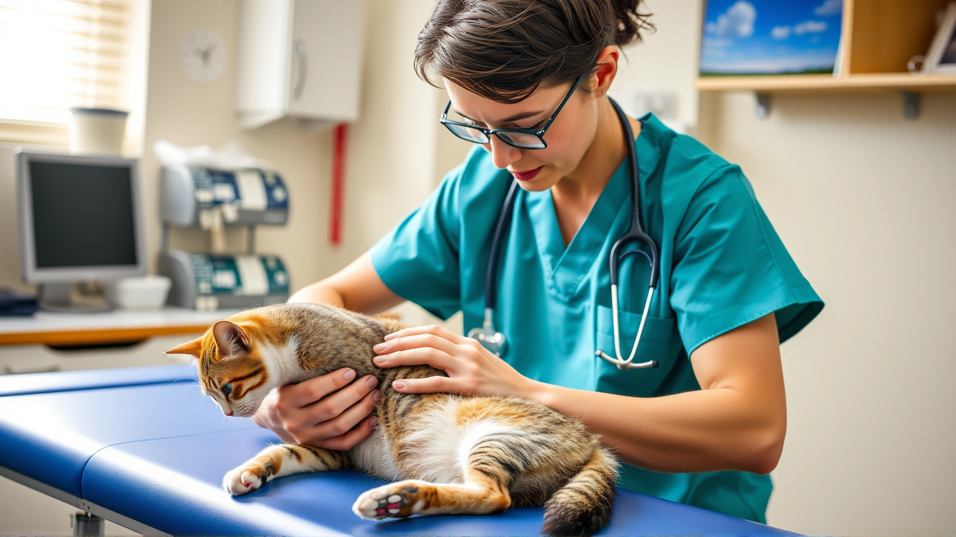 Healthy adult veterinarian gently examining a cat's abdomen on an examination table, clinic environment, professional vibe.