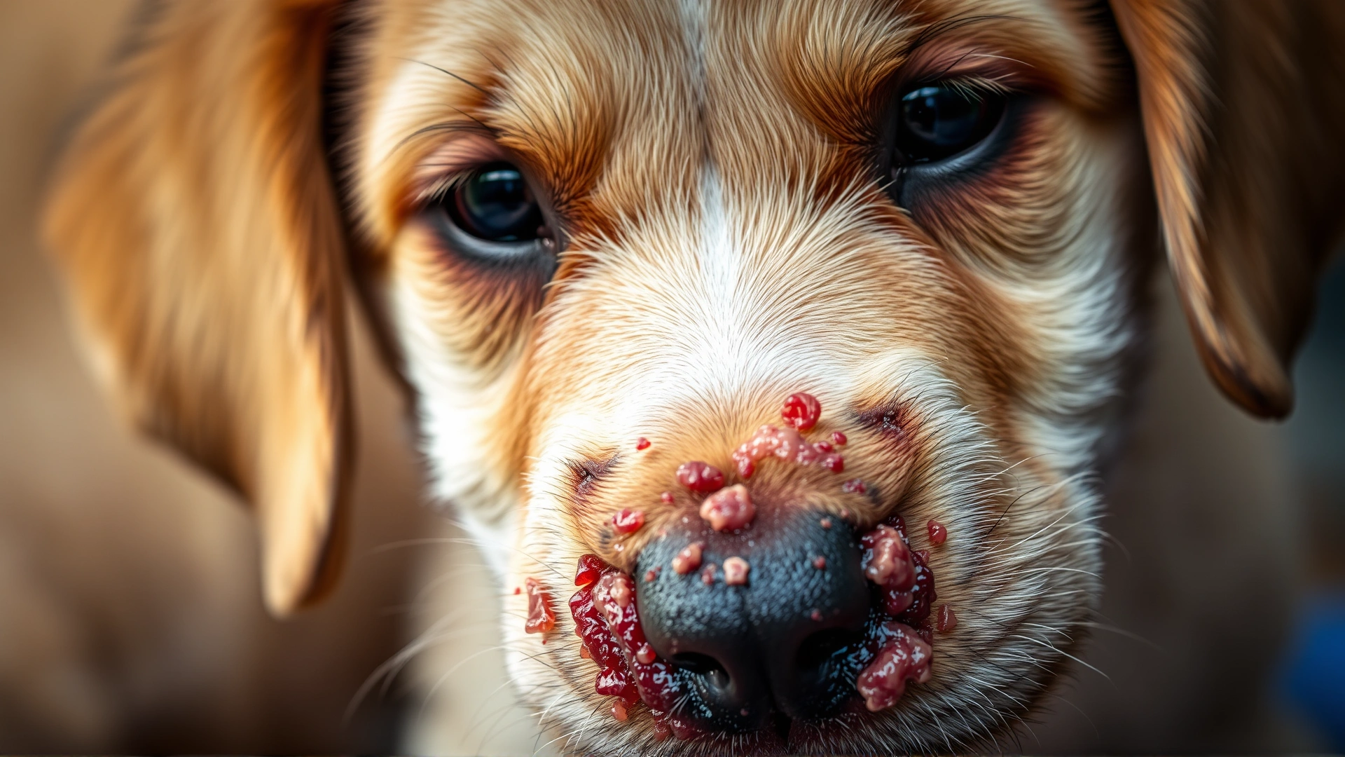 Close-up shot of a puppy’s face showing crusted pustules and scabs around the lips and eyelids, under gentle natural light.