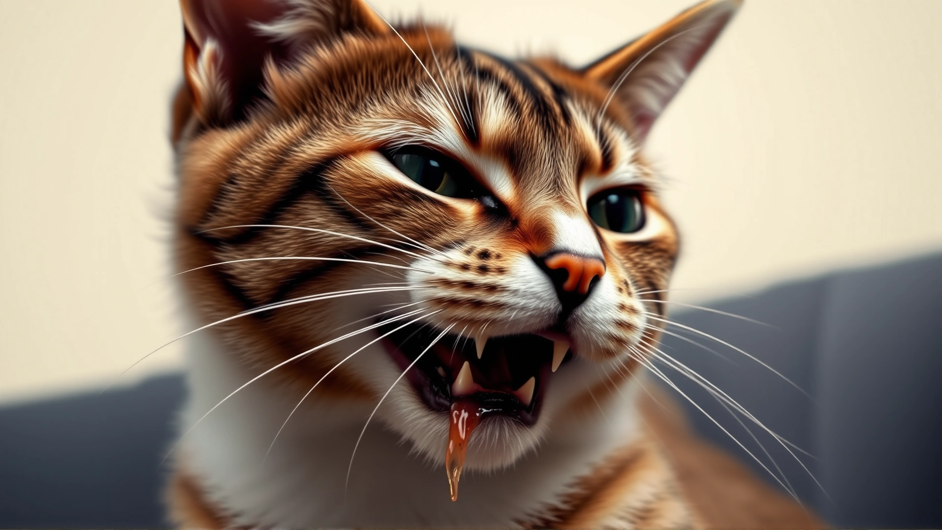Domestic short-hair cat with singed whiskers and slight burn marks around the mouth, drooling slightly, neutral background