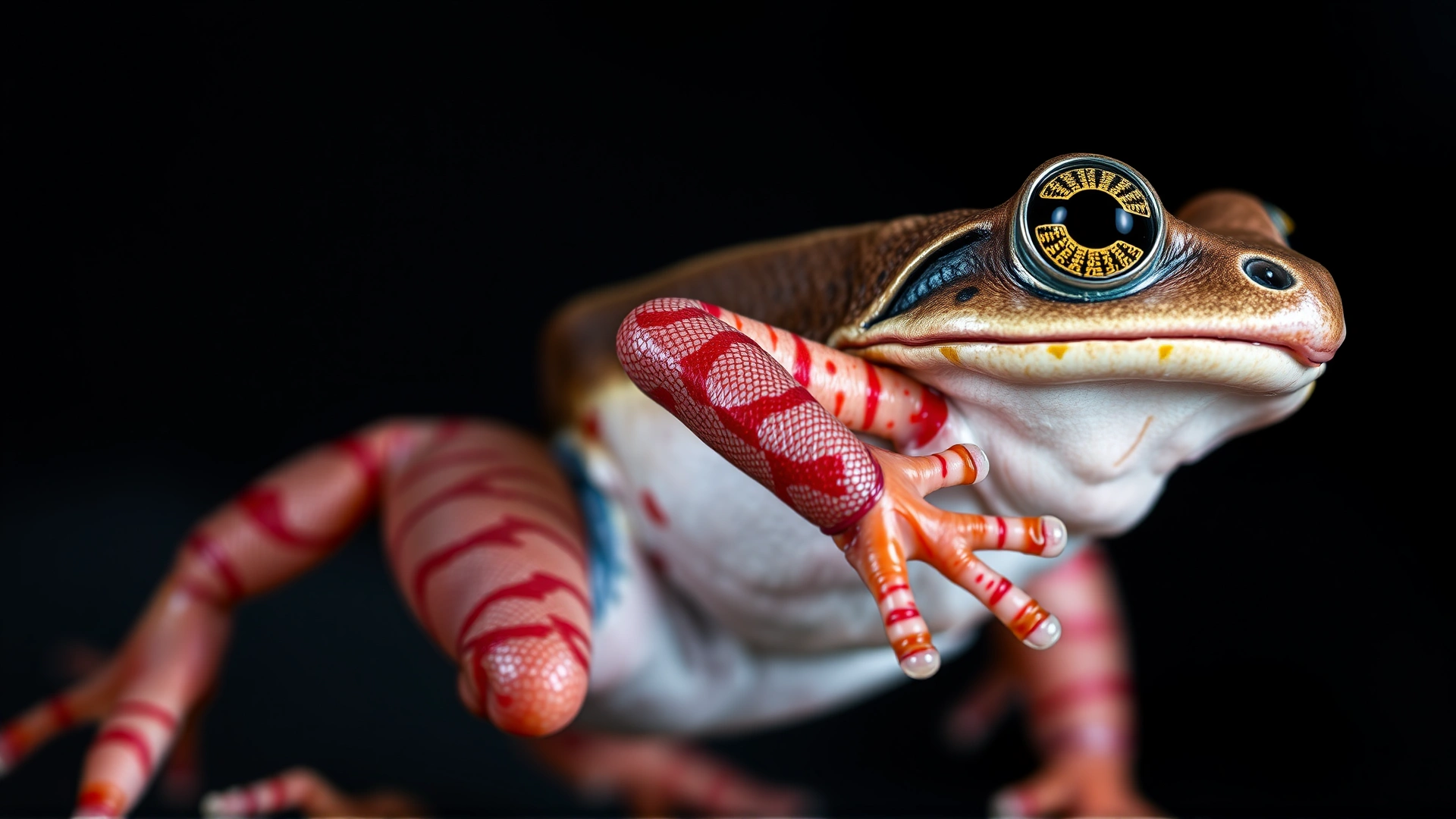 Macro close-up of a frog’s hind legs showing pronounced red streaks on the skin, shot against a dark out-of-focus background, high detail, no text.