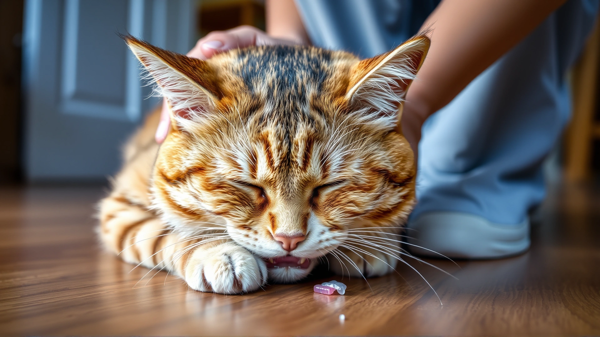 Adult cat vomiting on wooden floor, owner gently comforting it, natural indoor lighting, no text