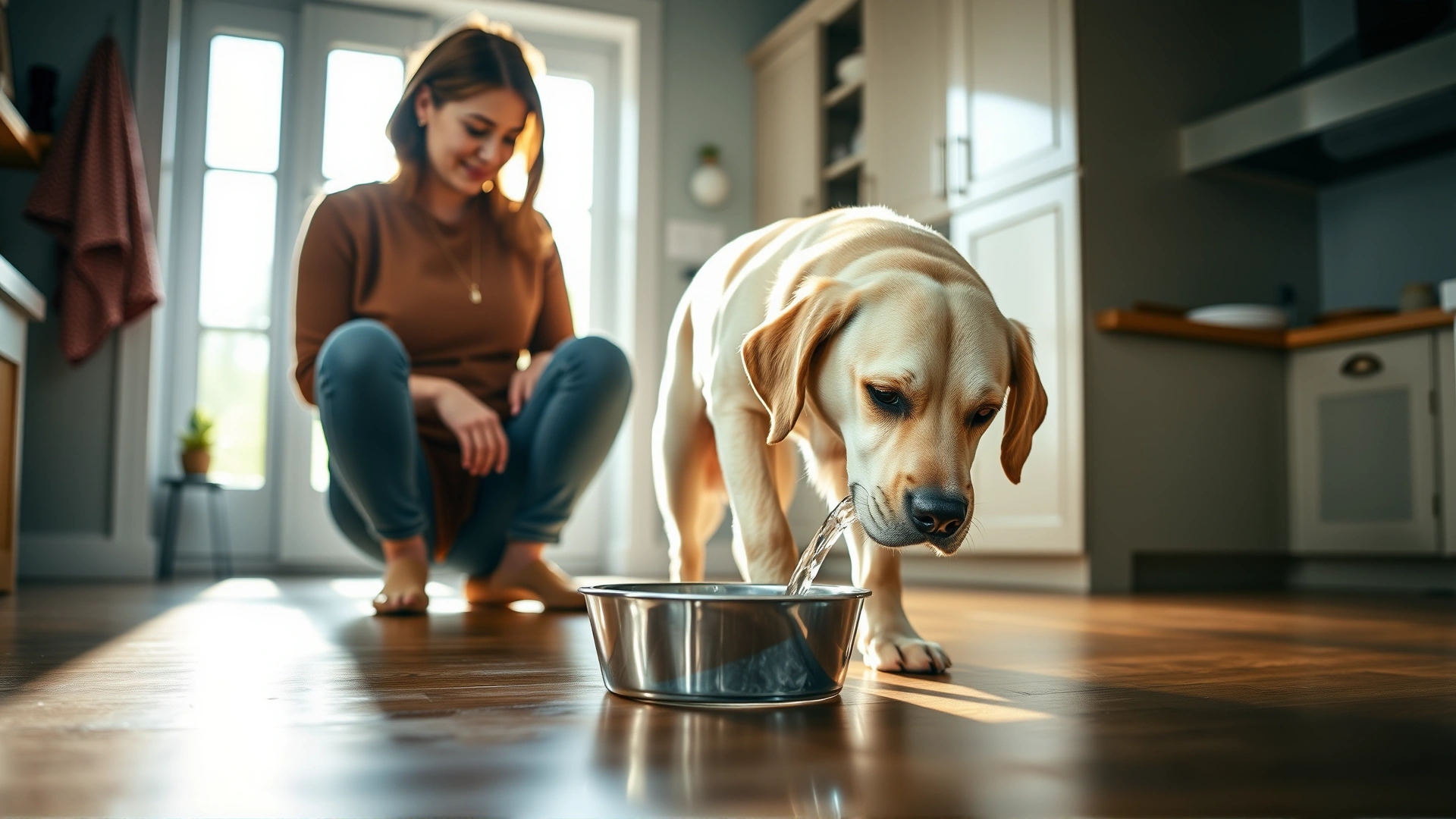 Indoor scene with a dog owner watching her Labrador retriever frequently lapping water from a bowl, highlighting excessive thirst; daylight coming through a kitchen window