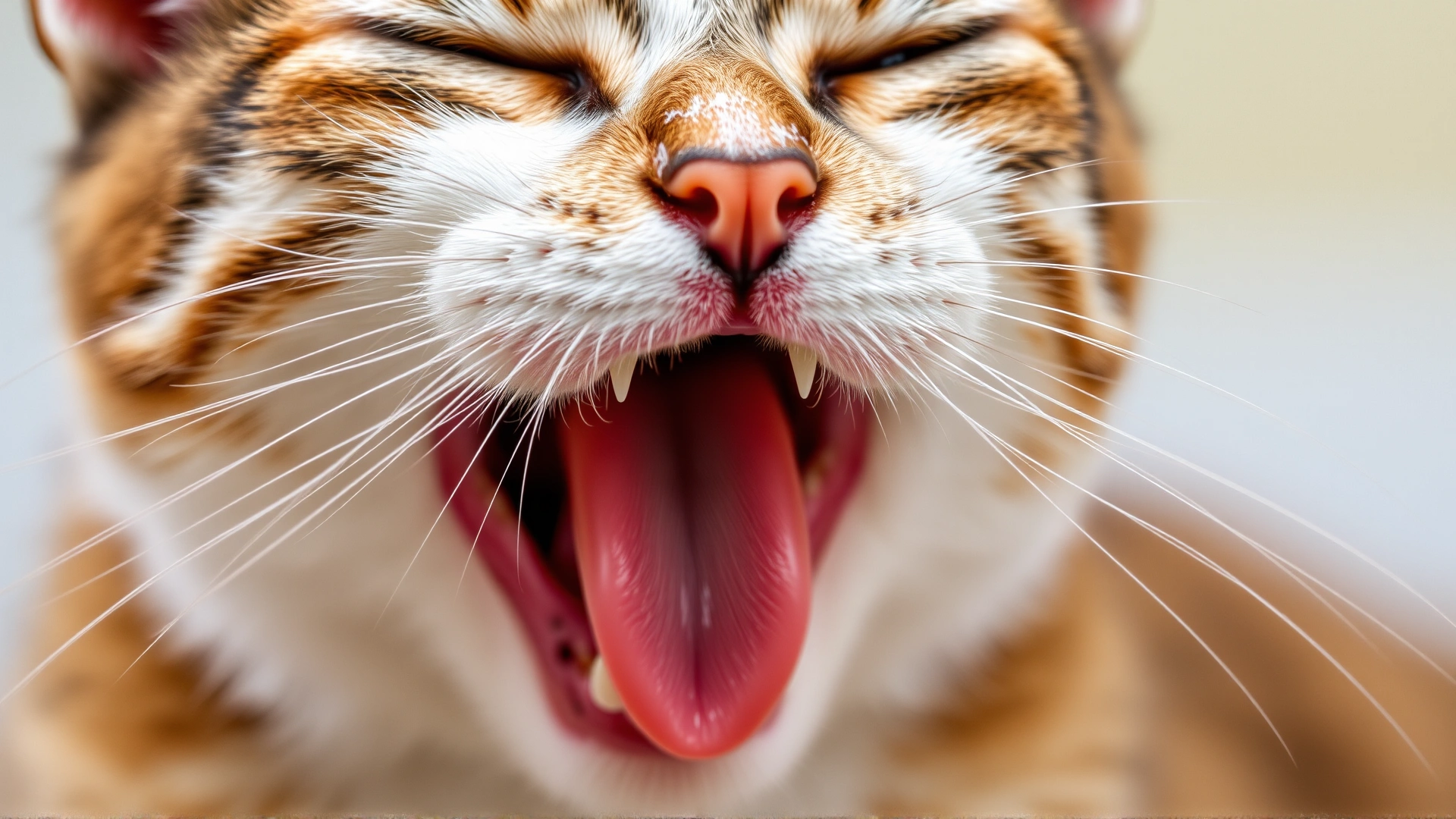 Close-up of a cat panting with mouth open and drool visible, eyes slightly squinted, illustrating heatstroke symptoms, sharp focus.