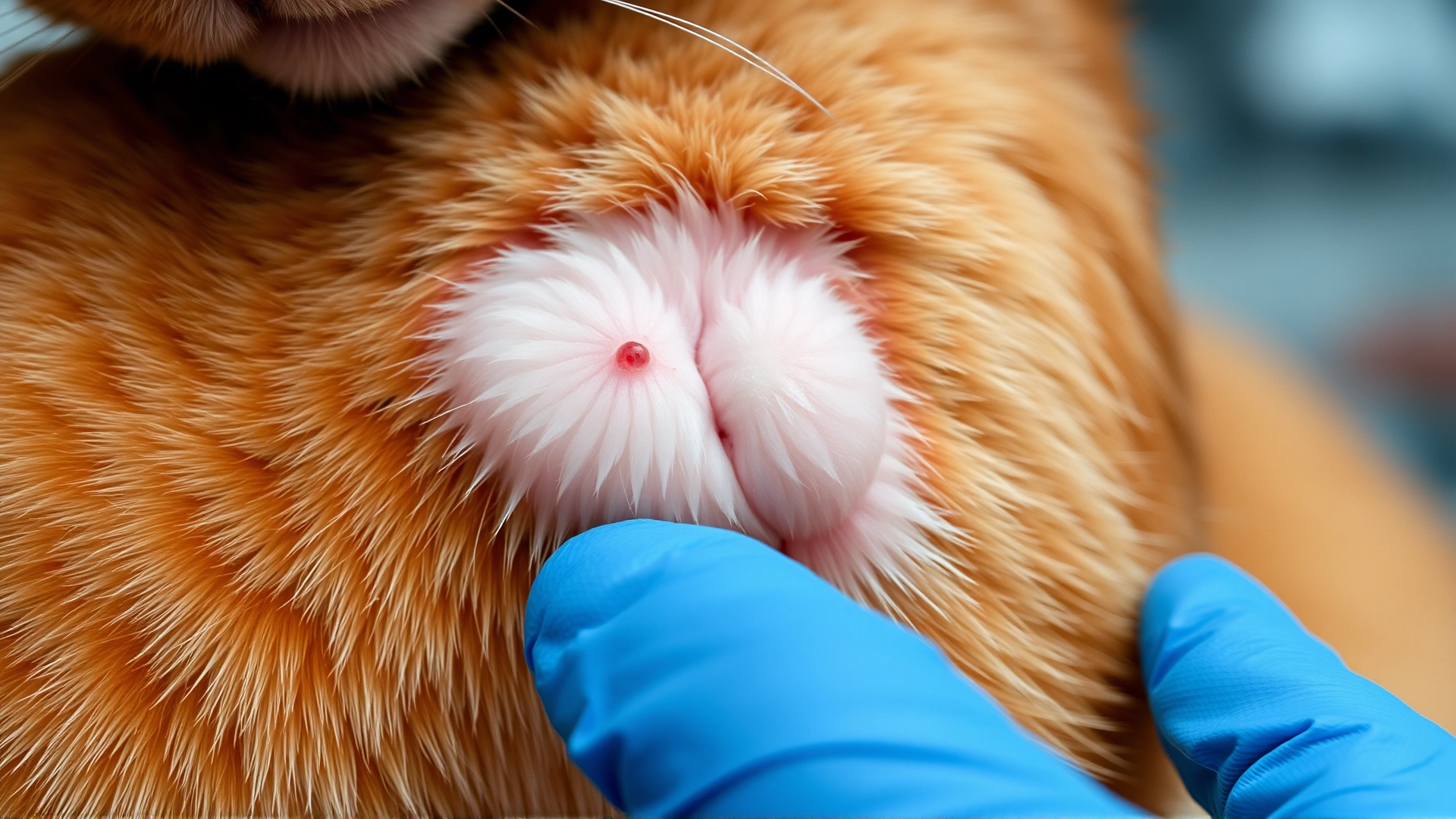 Macro shot focusing on a cat’s shaved skin area with a visible raised lump, veterinary gloved hand pointing at the lesion