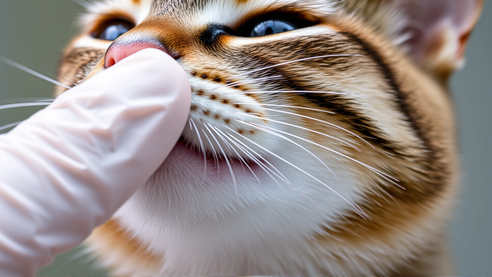 Close-up of a tabby cat showing pale gums as a veterinarian gently lifts the lip with a gloved hand to highlight anemia symptoms.